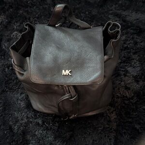Michael Kors Black Pebbled Leather Drawstring Flap Backpack